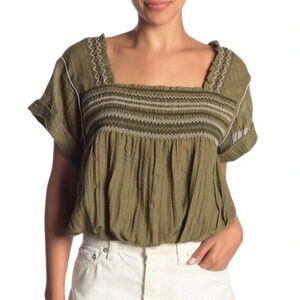 Free People Wandering Skies Smocked Boho Top Green‎ Size XS